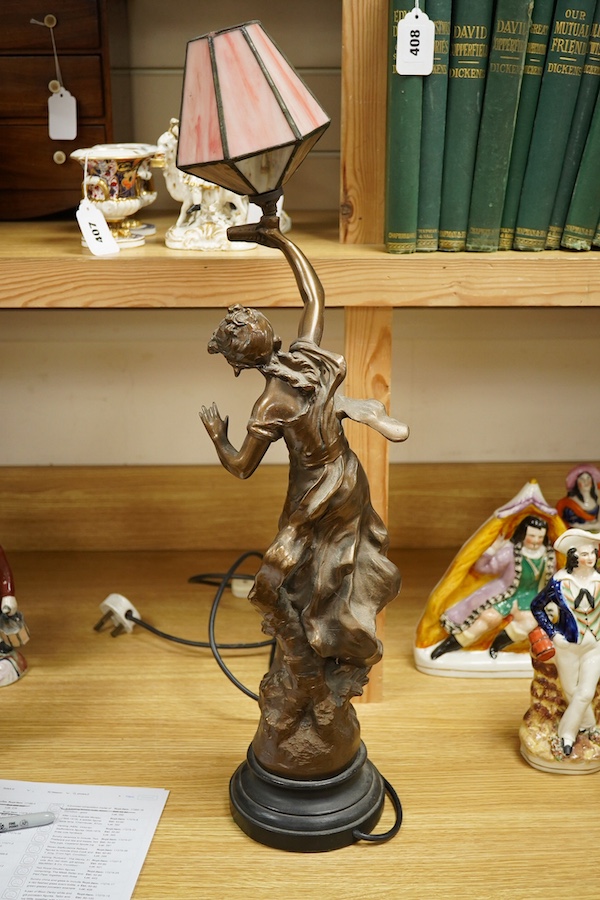 After Louis Auguste Moreau (1855-1919), a spelter figural table lamp ‘Charmeuse’, 67cm. Condition - good, not tested